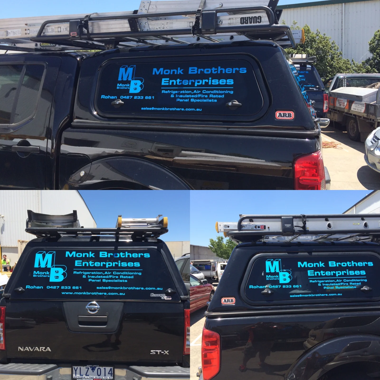 Collage of Monk Brothers Enterprises graphics on a ute