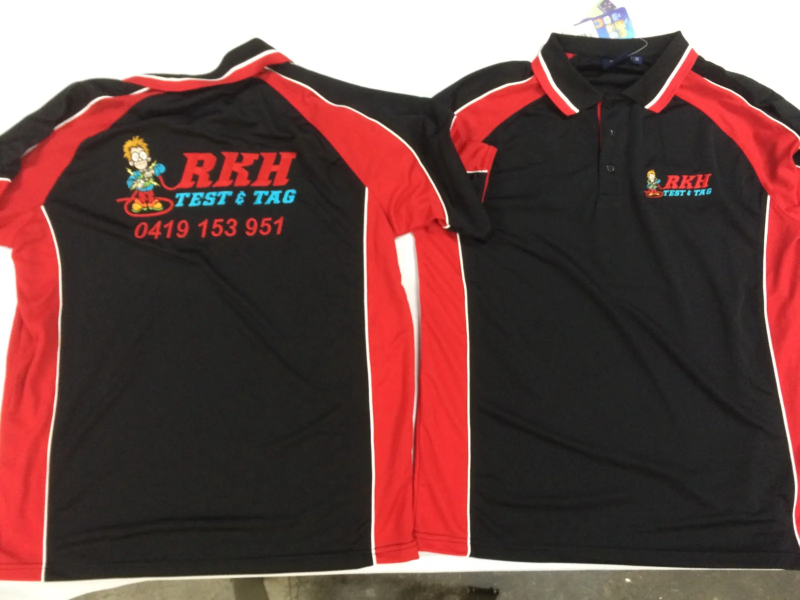 Custom branded red and black polo shirts