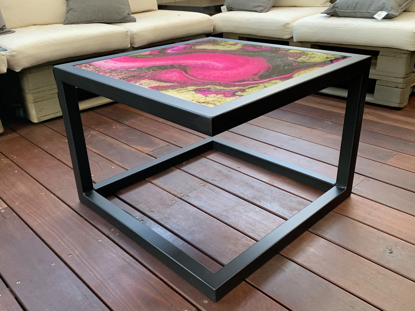 RADesignz pink and gold printed glass coffee table